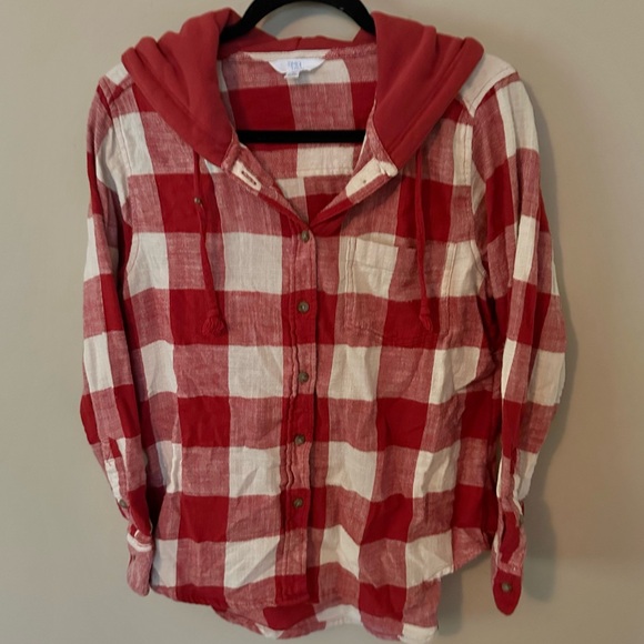 Time and Tru Tops - Hooded button-down shirt buffalo check flannel plaid